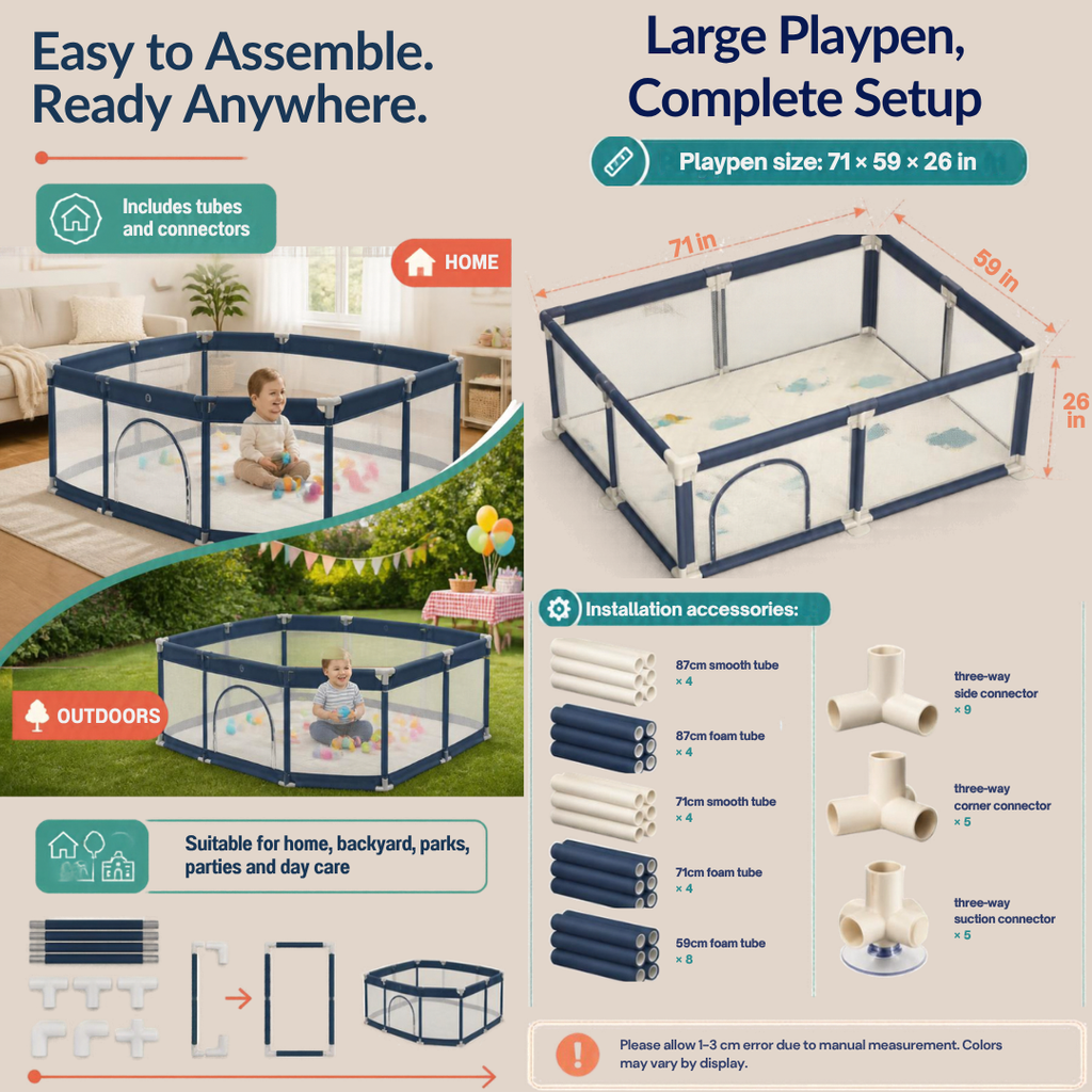 Baby Playpen 71 x 59 x 26 Inches | Extra Large Toddler Play Yard with Breathable Mesh, Safety Zipper & Suction Cup