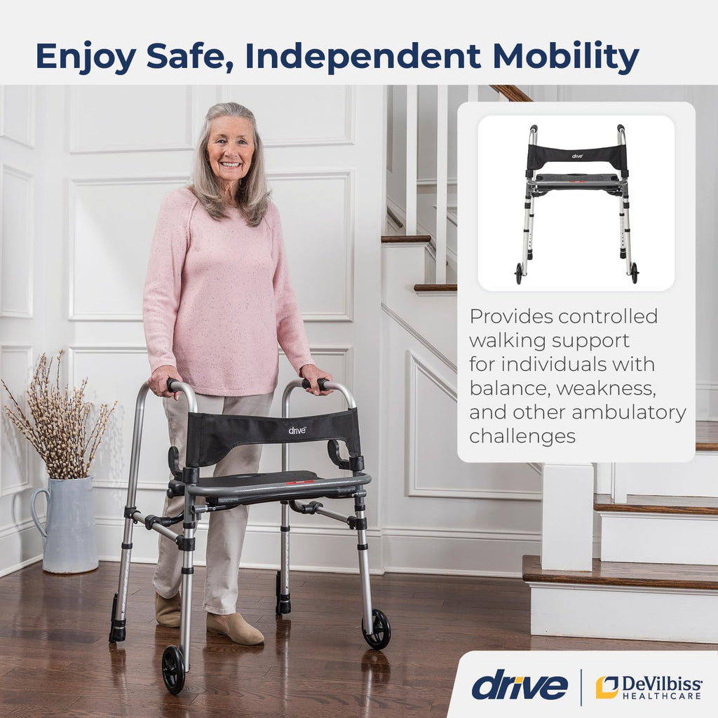 Drive Medical Clever Lite LS Walker with Seat & Push-Down Brakes Gray Aluminum Rollator Model 10233
