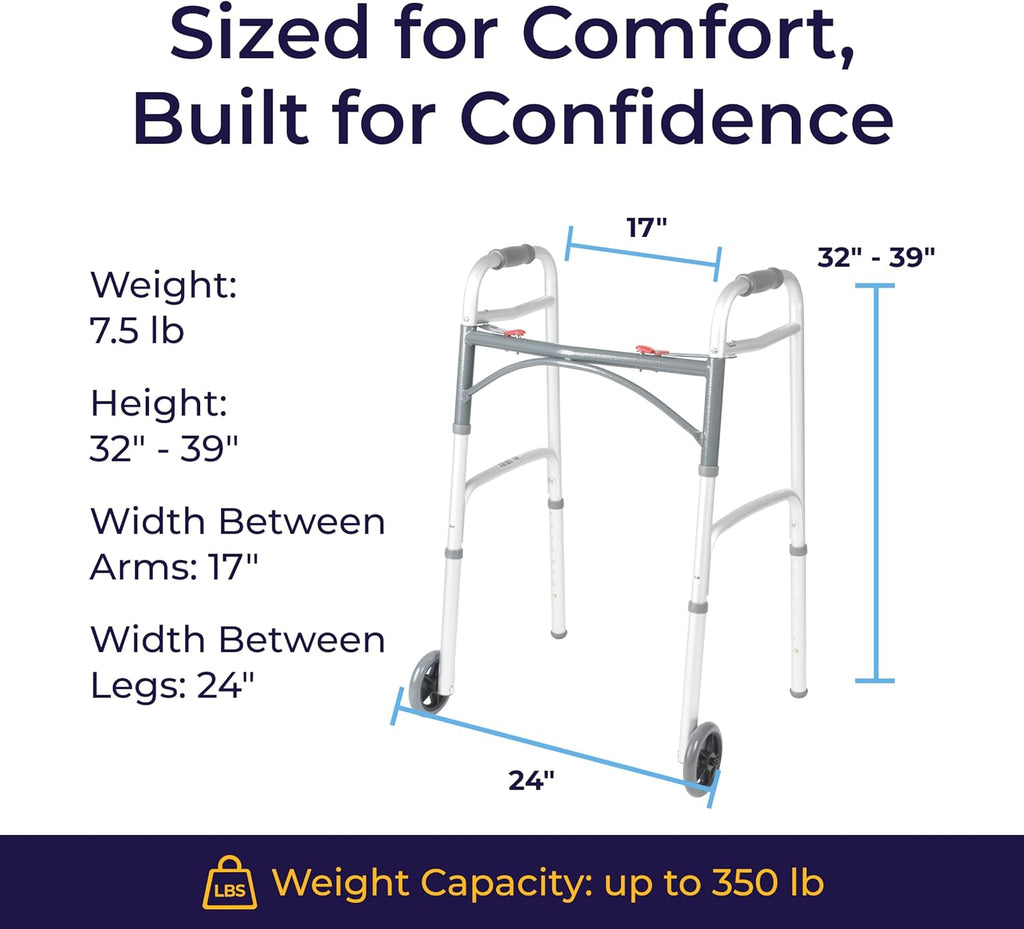 PreserveTech Deluxe Two Button Folding Walker with 5" Wheels