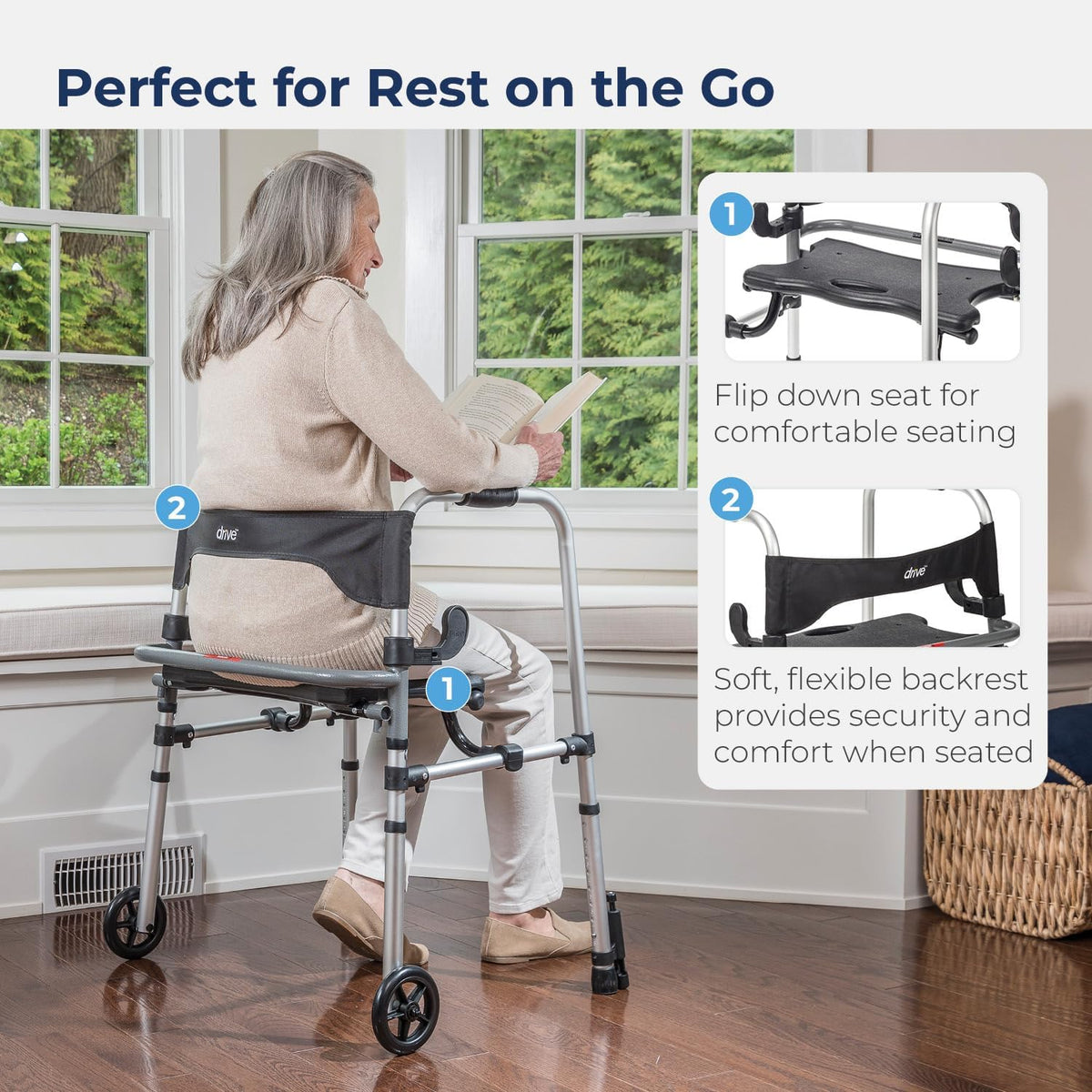 Drive Medical Clever Lite LS Walker with Seat & Push-Down Brakes Gray Aluminum Rollator Model 10233