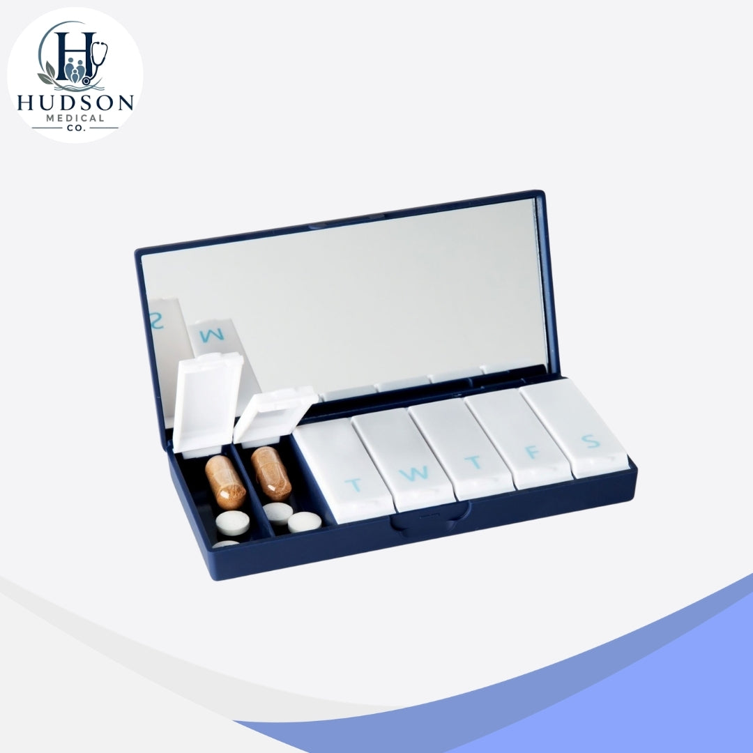 7-Day Pill Organizer with Mirror | Minimalist Weekly Medicine & Supplement Storage Box
